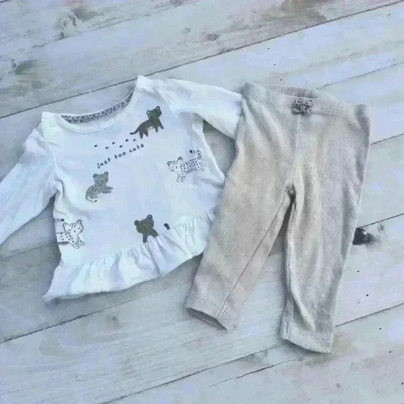 Carter's Baby Girl Leopard Print Cat Top With Tan Stretch Pants Size 6 Months - Picture 1 of 7